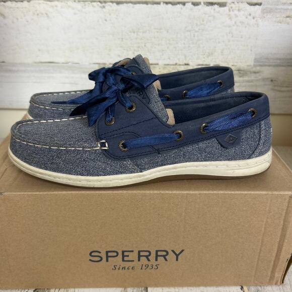 Sperry womens 7.5 Koifish sparkle canvas boat shoe loafer ribbon lace up leahter - Picture 1 of 7